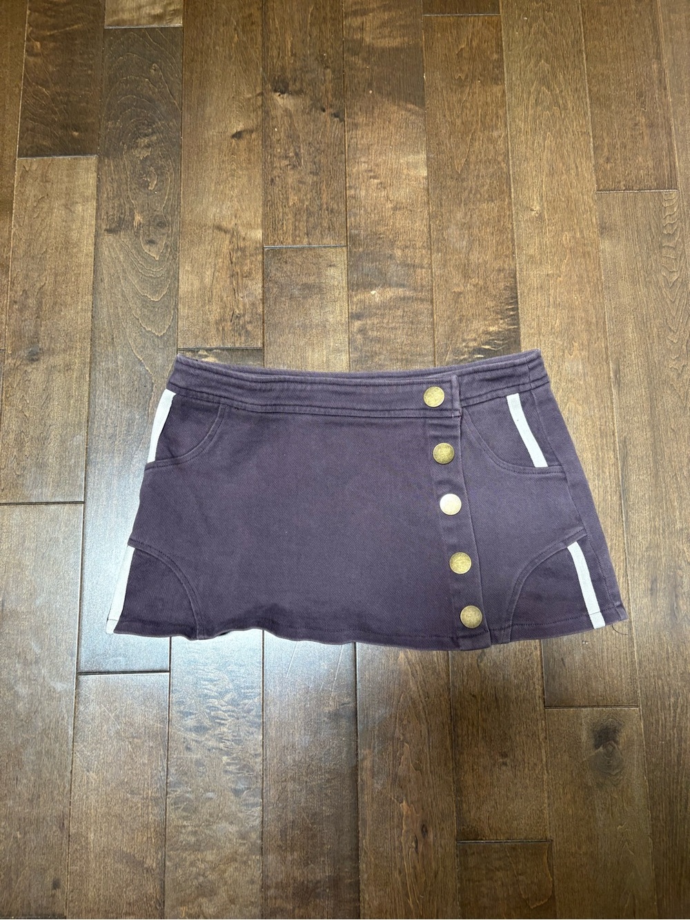 Fashion Nova Purple Mini Skirt with Gold Buttons and White Trim